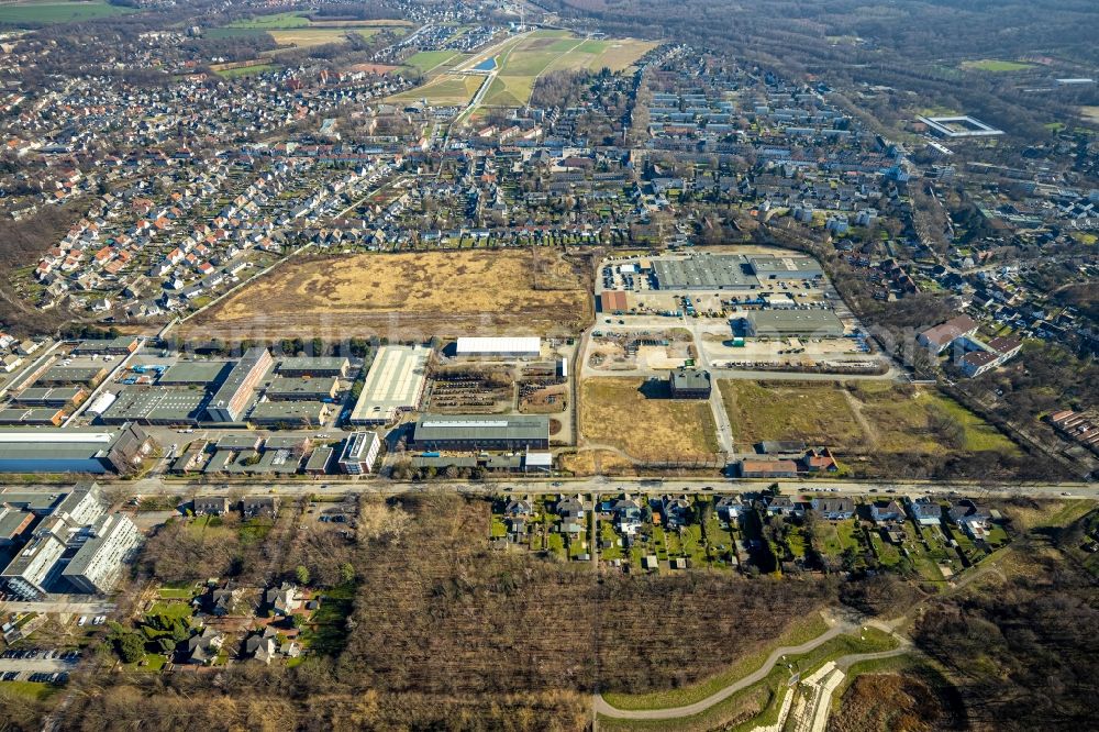 Gelsenkirchen from the bird's eye view: Industrial estate and company settlement Bergmannsglueck Hassel in the district Gelsenkirchen-Nord in Gelsenkirchen at Ruhrgebiet in the state North Rhine-Westphalia