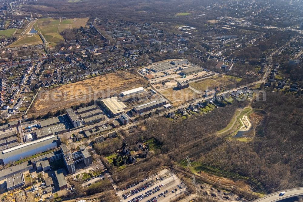 Gelsenkirchen from the bird's eye view: Industrial estate and company settlement Bergmannsglueck Hassel in the district Gelsenkirchen-Nord in Gelsenkirchen at Ruhrgebiet in the state North Rhine-Westphalia