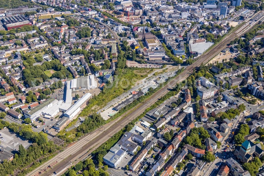 Bochum from above - Industrial estate and company settlement overlooking the culture center Rotunde Bochum along the rail course on Konrad-Adenauer-Platz in the district Innenstadt in Bochum in the state North Rhine-Westphalia, Germany