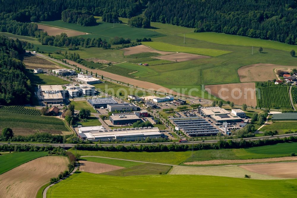 Bodman-Ludwigshafen from above - Industrial estate and company settlement on Bodenseeallee in Bodman-Ludwigshafen in the state Baden-Wuerttemberg, Germany