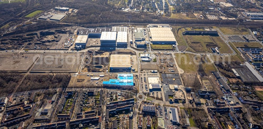 Gelsenkirchen from the bird's eye view: Industrial estate and company settlement Bruesseler Strasse in the district Bulmke-Huellen in Gelsenkirchen at Ruhrgebiet in the state North Rhine-Westphalia