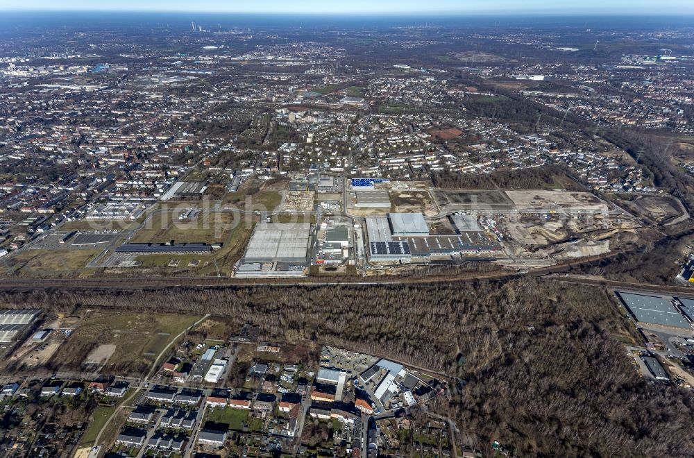 Aerial photograph Gelsenkirchen - Industrial estate and company settlement Bruesseler Strasse in the district Bulmke-Huellen in Gelsenkirchen at Ruhrgebiet in the state North Rhine-Westphalia