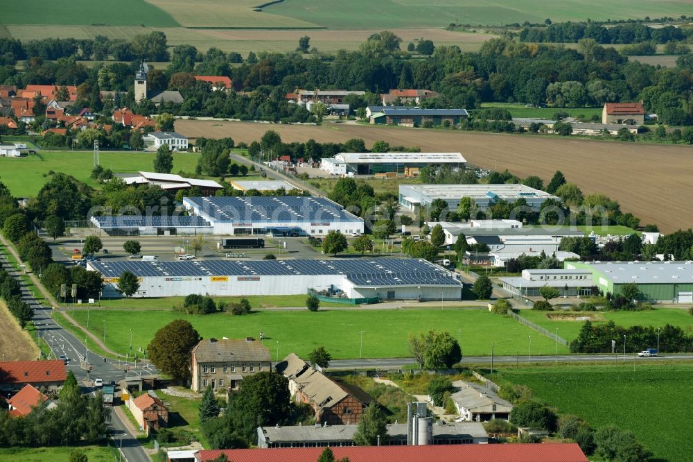 Emersleben from the bird's eye view: Industrial estate and company settlement on Bruchweg in Emersleben in the state Saxony-Anhalt, Germany