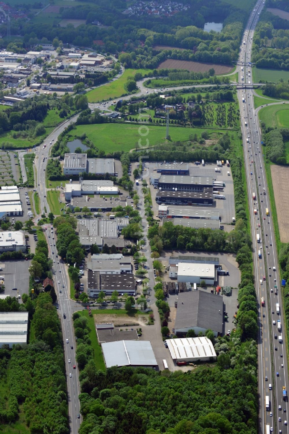 Osnabrück from the bird's eye view: Commercial area on federal motorway A30 in Osnabrueck in the state of Lower Saxony. The area includes an IKEA store