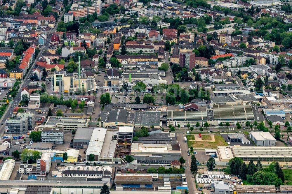 Offenburg from the bird's eye view: Industrial estate and company settlement An of Bundestrasse 3 Nord in Offenburg in the state Baden-Wurttemberg, Germany