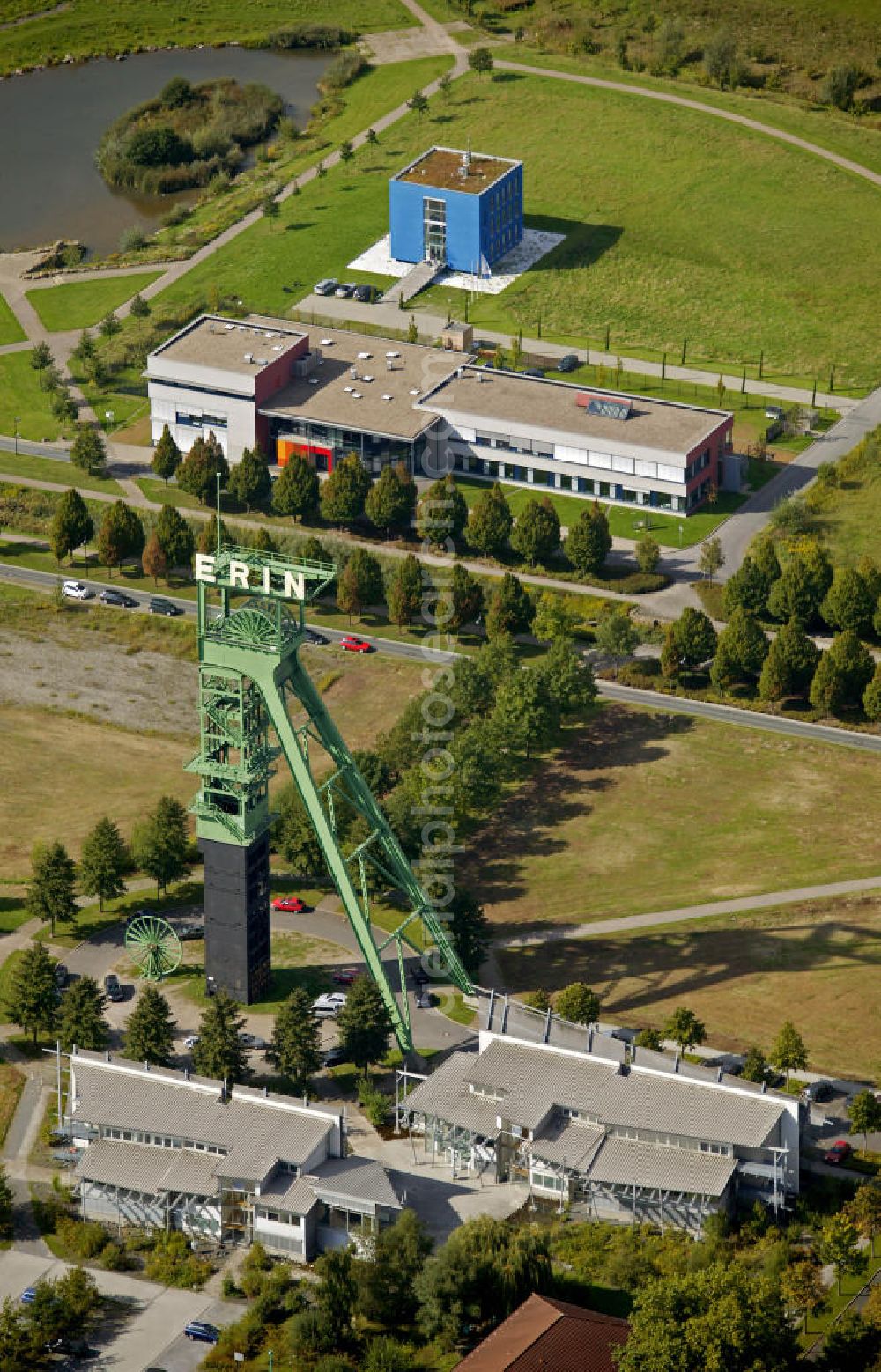 Aerial image Castrop-Rauxel - Blick auf das Gewerbegebiet ERIN. Castrop-Rauxel industrial monument and former coal mine ERIN with winding tower in form of a hammerhead.