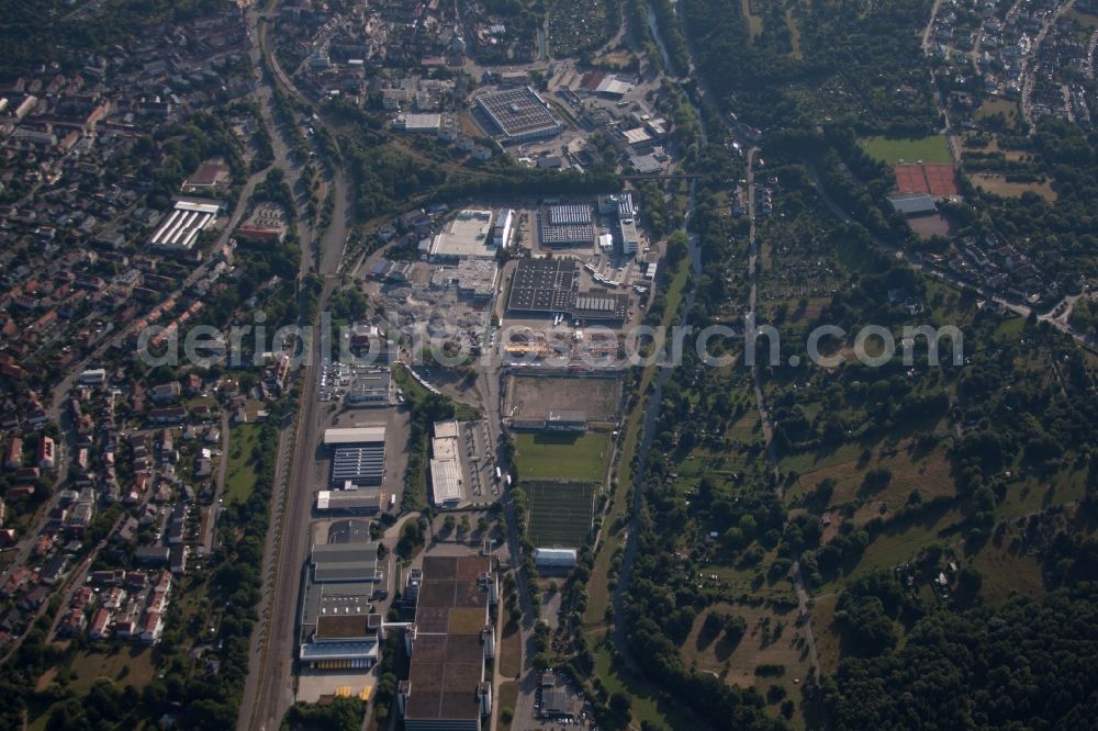 Pforzheim from the bird's eye view: Industrial estate and company settlement Dennigstrasse mit Versandhaus Wenz in Pforzheim in the state Baden-Wuerttemberg