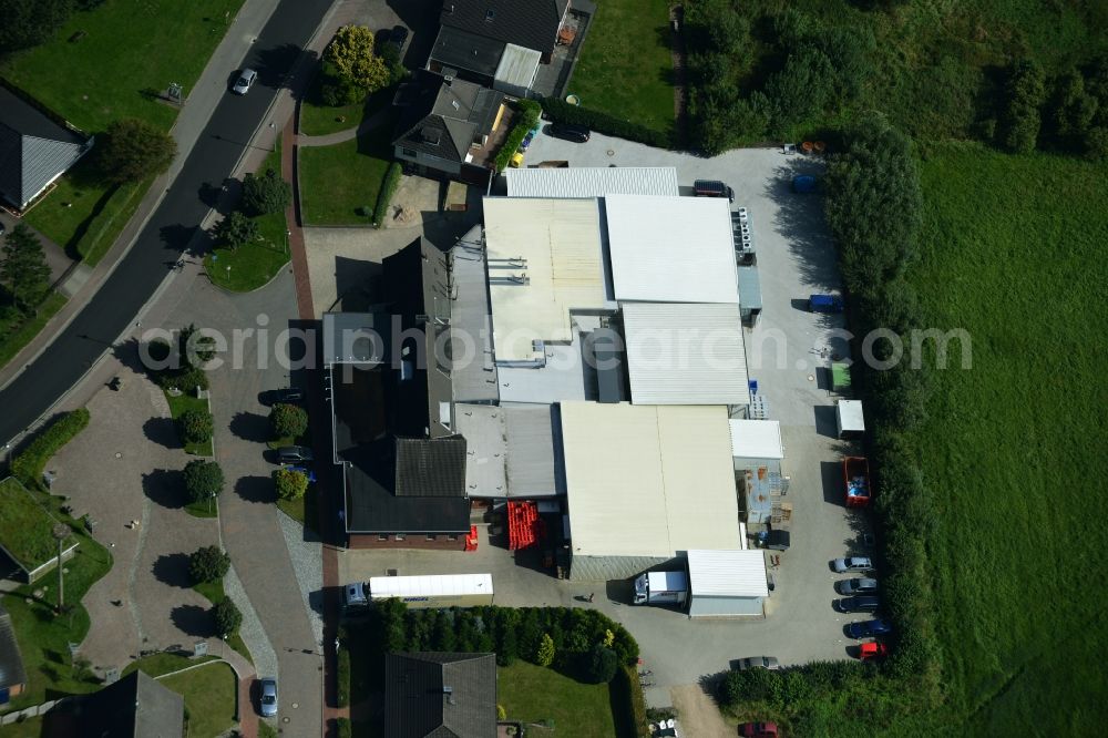 Eggebek from the bird's eye view: Commercial area and business establishment of Hoppe Fleischwaren GmbH in Eggebek in Schleswig-Holstein