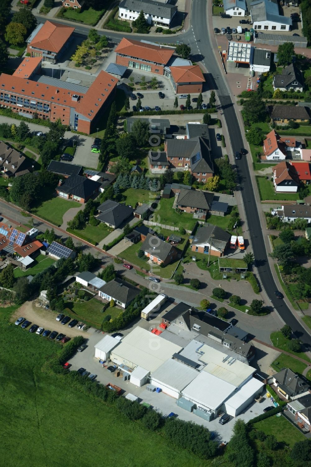 Eggebek from above - Commercial area and business establishment of Hoppe Fleischwaren GmbH in Eggebek in Schleswig-Holstein