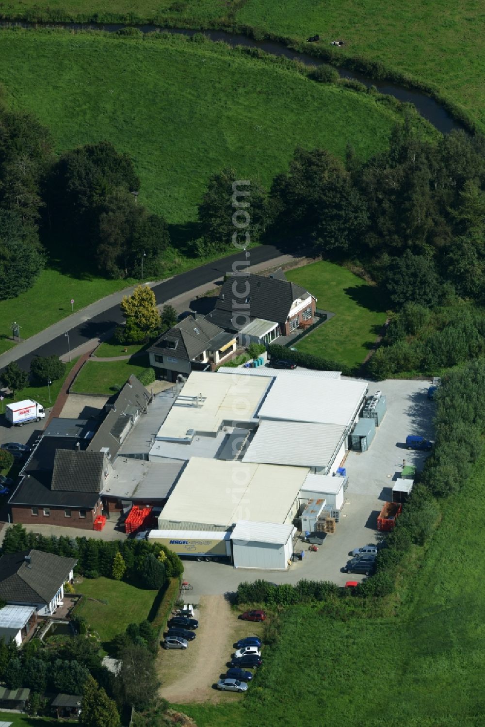 Aerial image Eggebek - Commercial area and business establishment of Hoppe Fleischwaren GmbH in Eggebek in Schleswig-Holstein