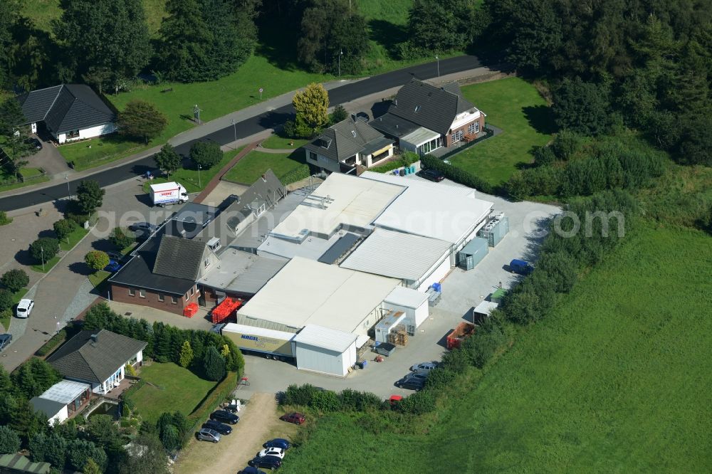 Aerial photograph Eggebek - Commercial area and business establishment of Hoppe Fleischwaren GmbH in Eggebek in Schleswig-Holstein