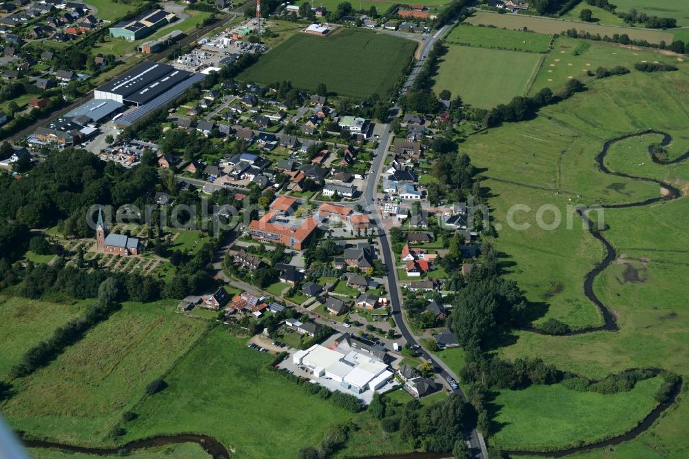 Eggebek from the bird's eye view: Commercial area and business establishment of Hoppe Fleischwaren GmbH in Eggebek in Schleswig-Holstein