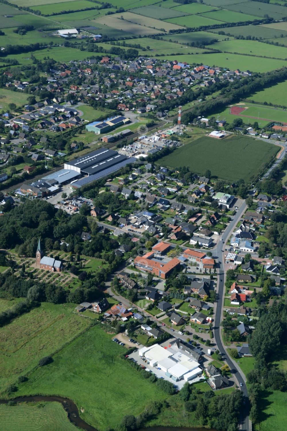 Aerial image Eggebek - Commercial area and business establishment of Hoppe Fleischwaren GmbH in Eggebek in Schleswig-Holstein