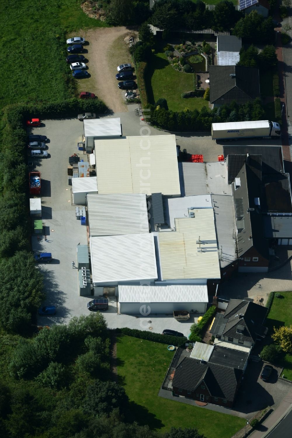 Aerial photograph Eggebek - Commercial area and business establishment of Hoppe Fleischwaren GmbH in Eggebek in Schleswig-Holstein