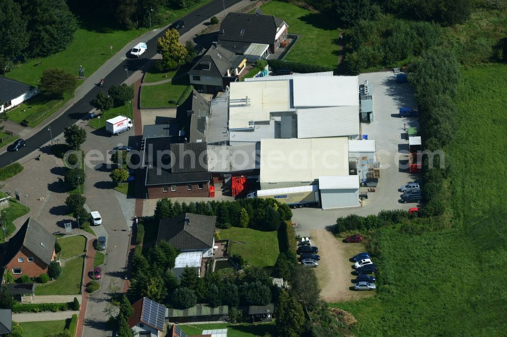 Aerial photograph Eggebek - Commercial area and business establishment of Hoppe Fleischwaren GmbH in Eggebek in Schleswig-Holstein