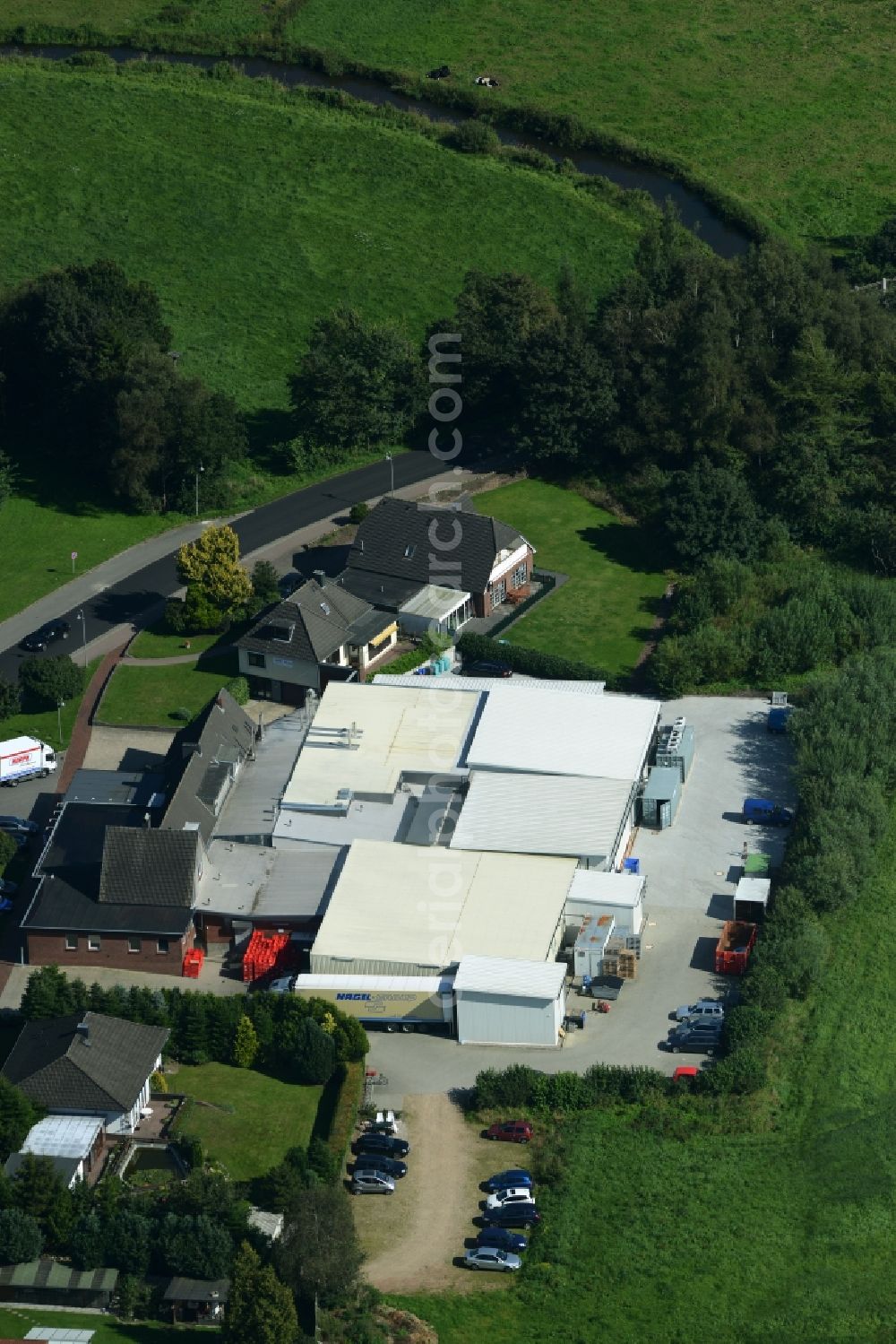 Eggebek from above - Commercial area and business establishment of Hoppe Fleischwaren GmbH in Eggebek in Schleswig-Holstein