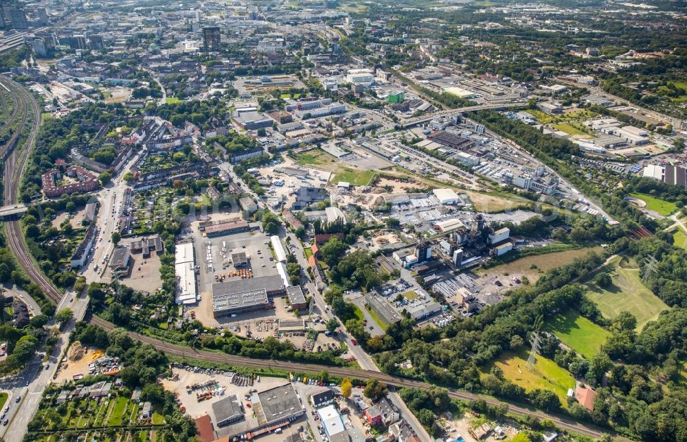 Essen from above - Industrial estate and company settlement on Elisenstrasse - Burggrafenstrasse in Essen in the state North Rhine-Westphalia, Germany