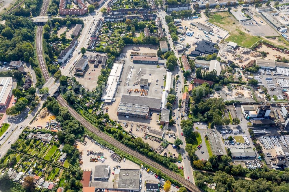 Essen from the bird's eye view: Industrial estate and company settlement on Elisenstrasse - Burggrafenstrasse in Essen in the state North Rhine-Westphalia, Germany