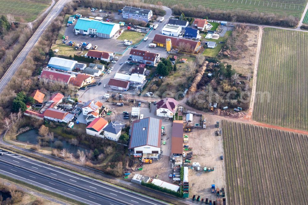 Ellerstadt from the bird's eye view: Industrial estate and company settlement In der Nauroth in Ellerstadt in the state Rhineland-Palatinate, Germany