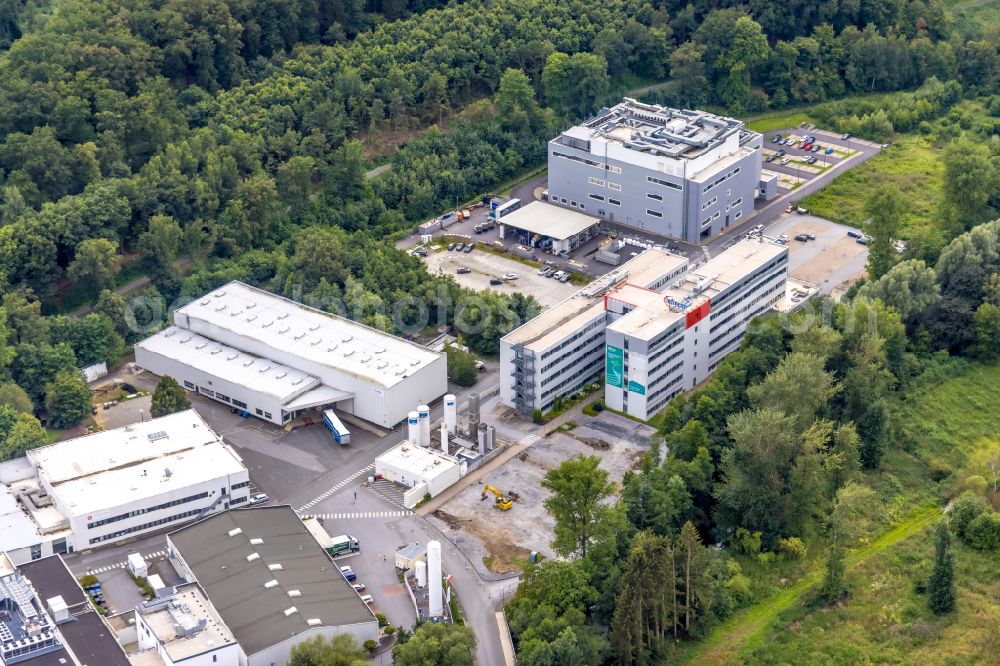 Warstein from above - Commercial area and business establishment at the Emil-Siepmann-street in Warstein in North Rhine-Westphalia. Here sits et al the semiconductor business of Infineon Technologies AG Warstein, the AEG Power Solutions GmbH and the Siepmann - works GmbH & Co KG