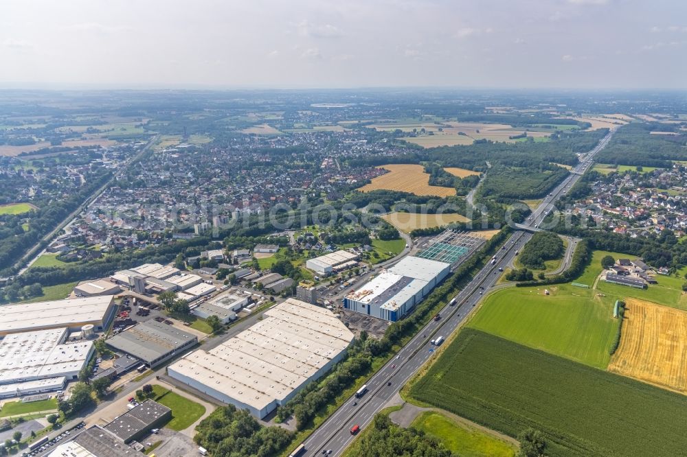 Bönen from above - Industrial estate and company settlement along the freeway of the A2 and Rudolf-Diesel-Strasse in Boenen in the state North Rhine-Westphalia, Germany