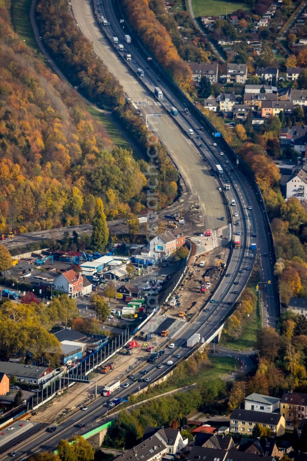 Essen from above - Industrial estate and company settlement along the BAB A42 in Essen in the state North Rhine-Westphalia, Germany