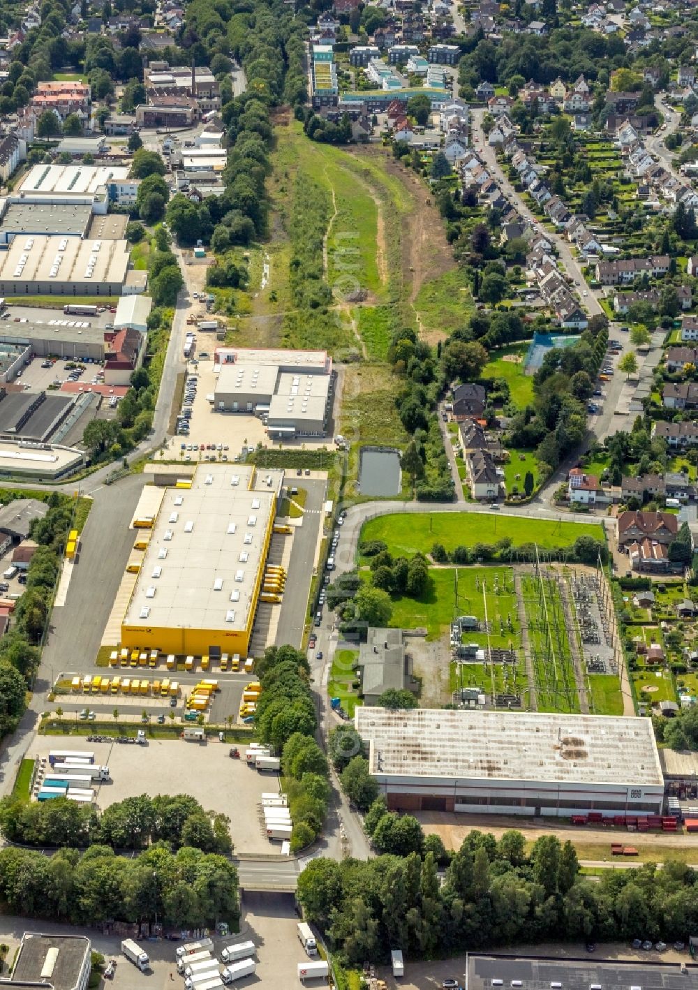 Schwelm from above - Industrial estate and company settlement along the Berliner Strasse in Schwelm in the state North Rhine-Westphalia, Germany