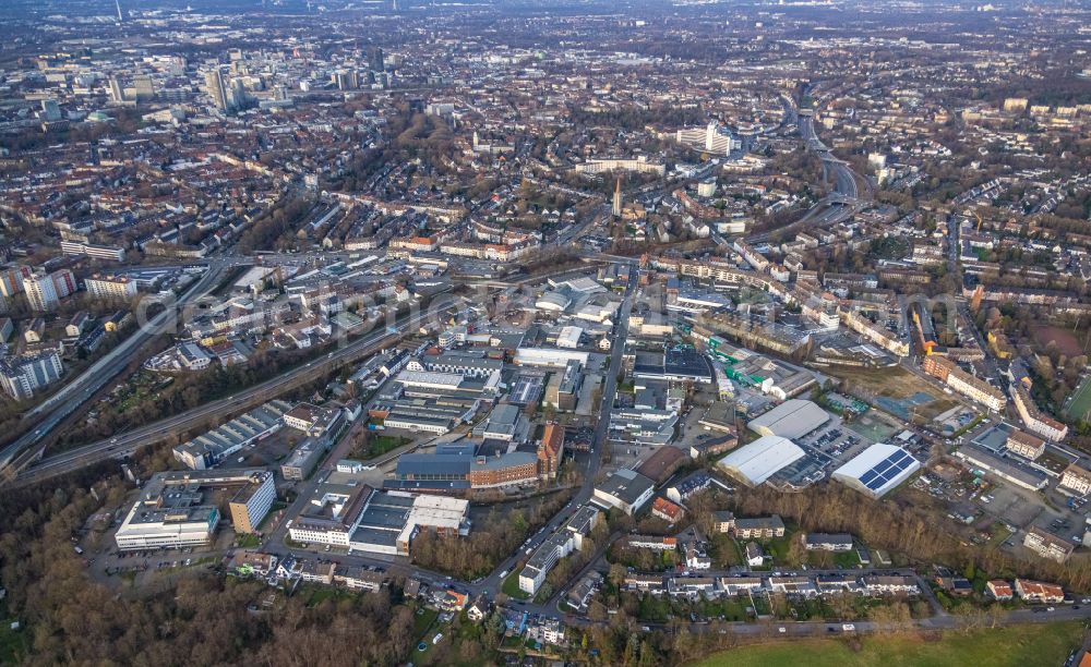 Essen from above - Industrial estate and company settlement along the Bundesautobahn A52 - Schuermannstrasse in Essen in the state North Rhine-Westphalia, Germany