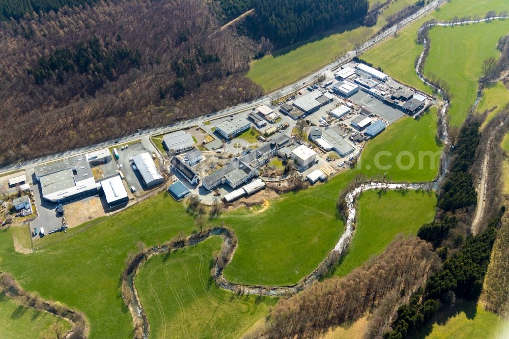 Schmallenberg from above - Industrial estate and company settlement along the Fleckenberger Strasse in Schmallenberg in the state North Rhine-Westphalia, Germany