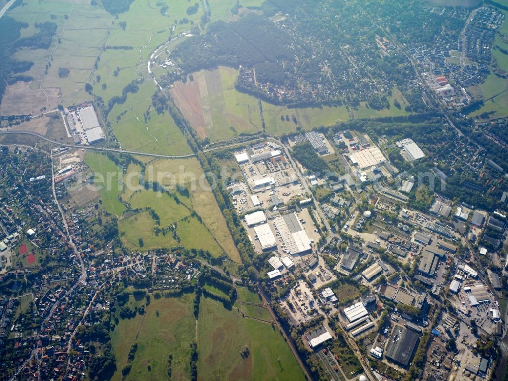 Potsdam from the bird's eye view: Industrial estate and company settlement along the river - course of Nuthe in Potsdam in the state Brandenburg