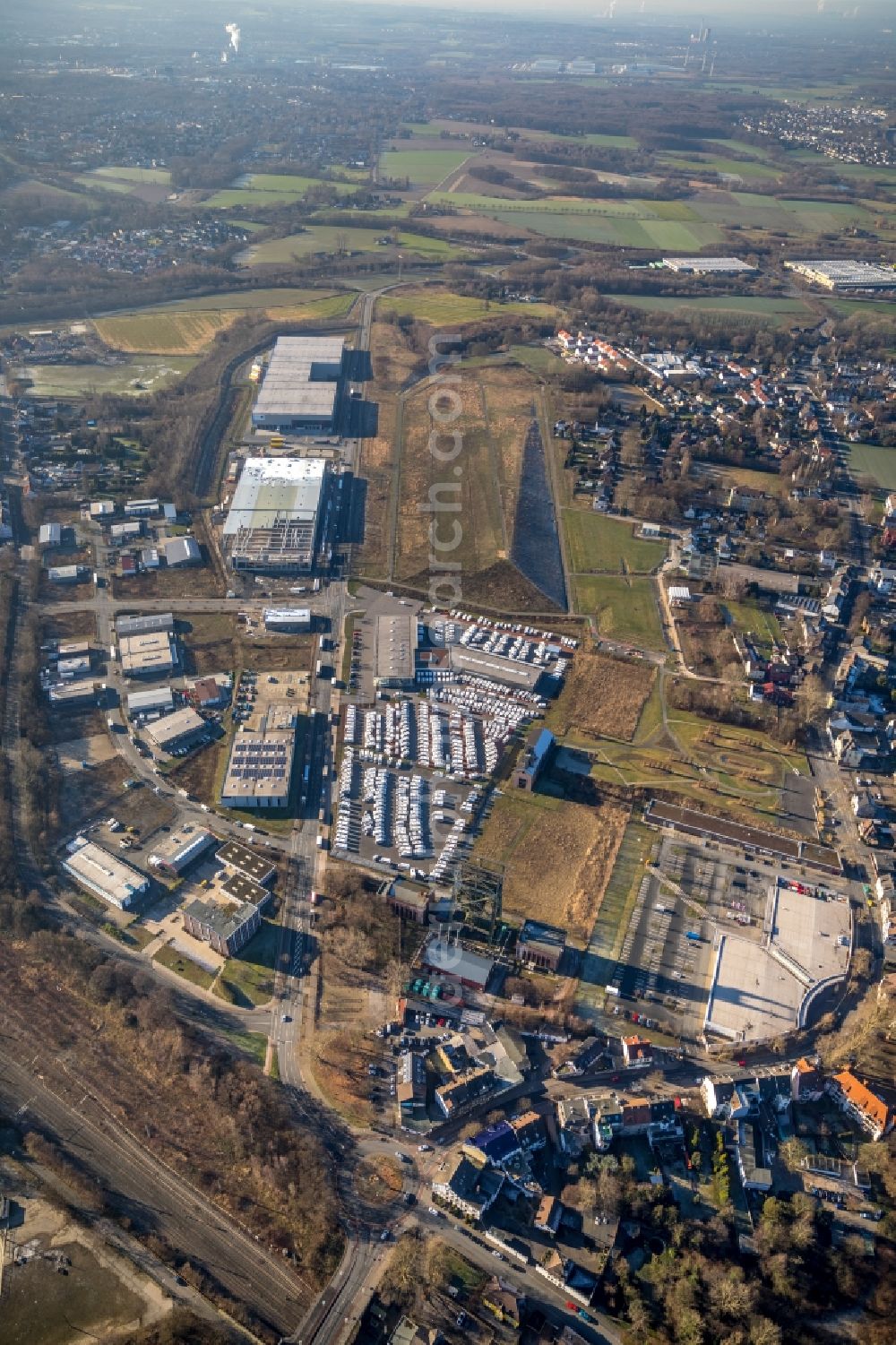 Aerial photograph Dortmund - Industrial estate and company settlement along the Gneisenauallee in the district Derne in Dortmund in the state North Rhine-Westphalia, Germany