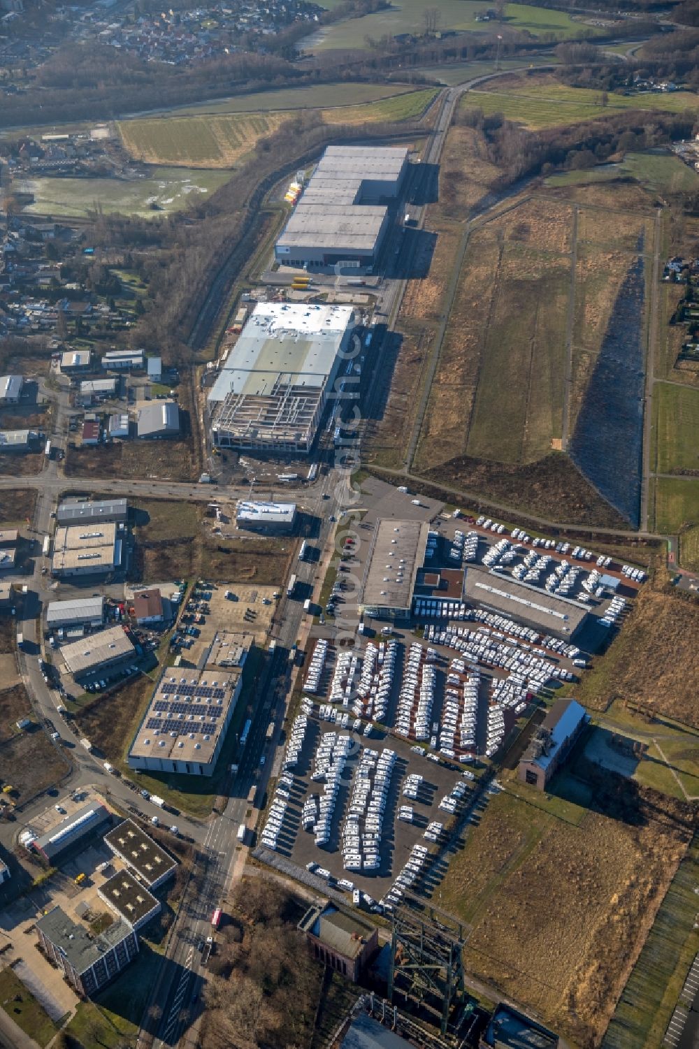 Dortmund from above - Industrial estate and company settlement along the Gneisenauallee in the district Derne in Dortmund in the state North Rhine-Westphalia, Germany