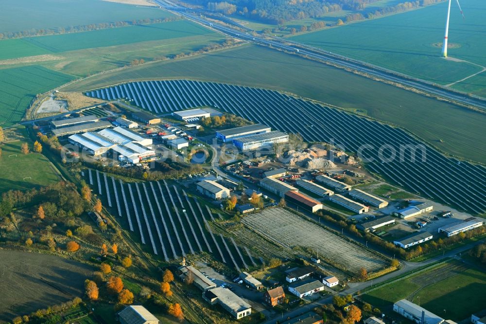 Tribsees from above - Commercial area along in autumnal Tribsees in the state of Mecklenburg-Vorpommern, Germany