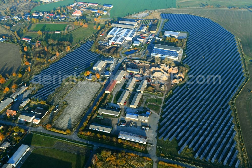 Tribsees from the bird's eye view: Commercial area along in autumnal Tribsees in the state of Mecklenburg-Vorpommern, Germany