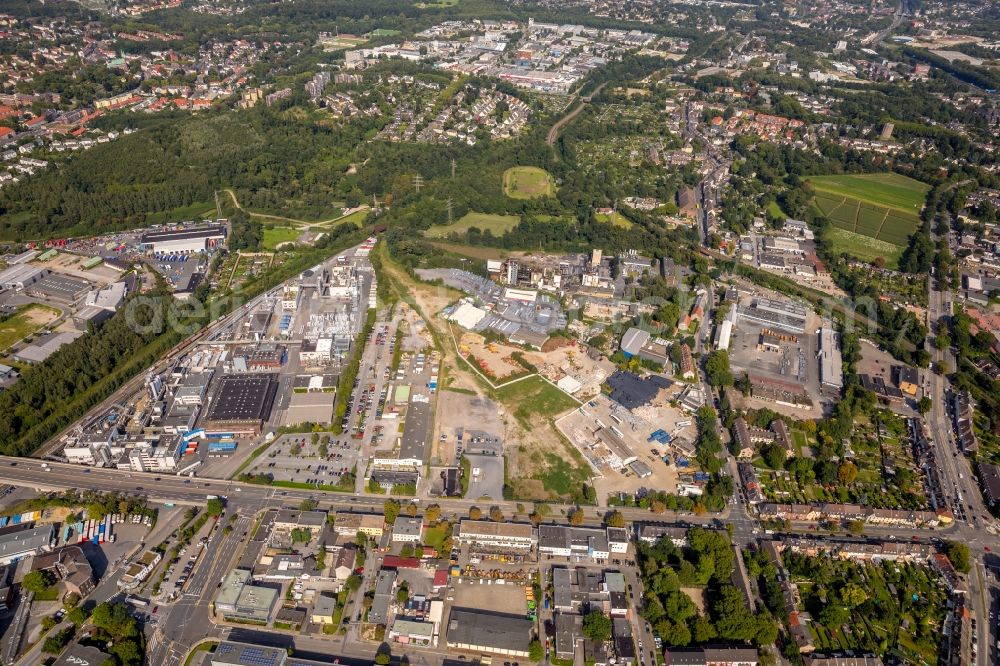 Essen from above - Industrial estate and company settlement along the Herzogstrasse - Burggrafenstrasse - Elisenstrasse in Essen in the state North Rhine-Westphalia, Germany