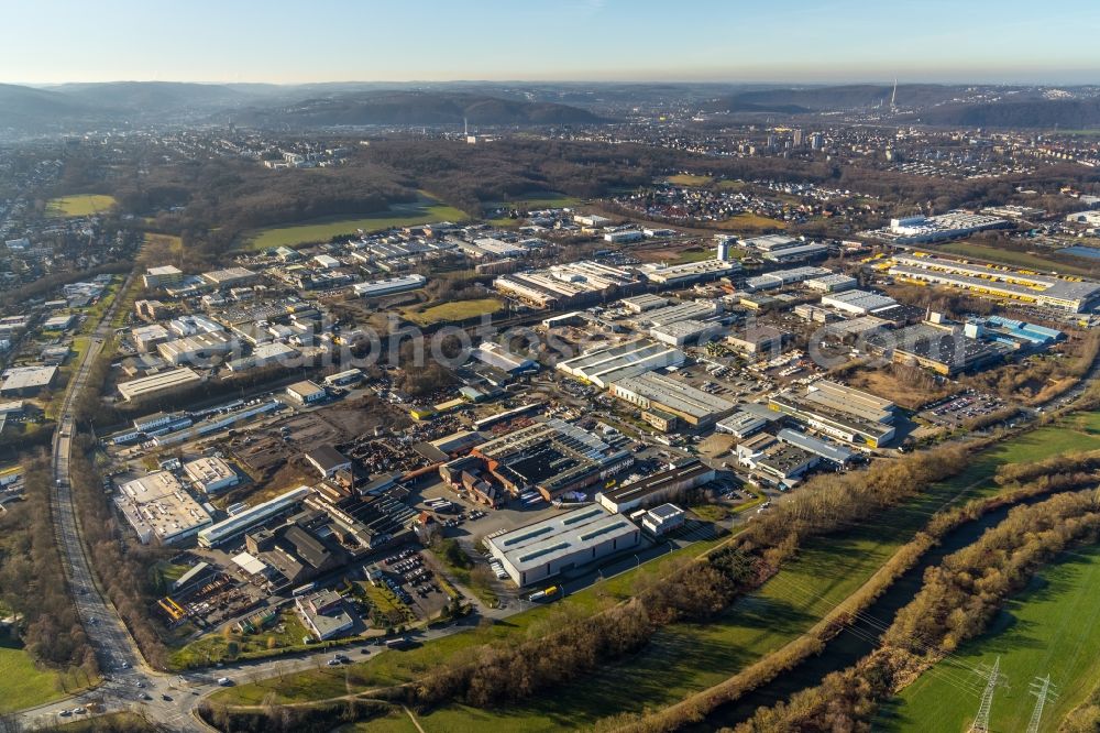 Aerial photograph Hagen - Industrial estate and company settlement along the Industriestrasse in Hagen in the state North Rhine-Westphalia, Germany