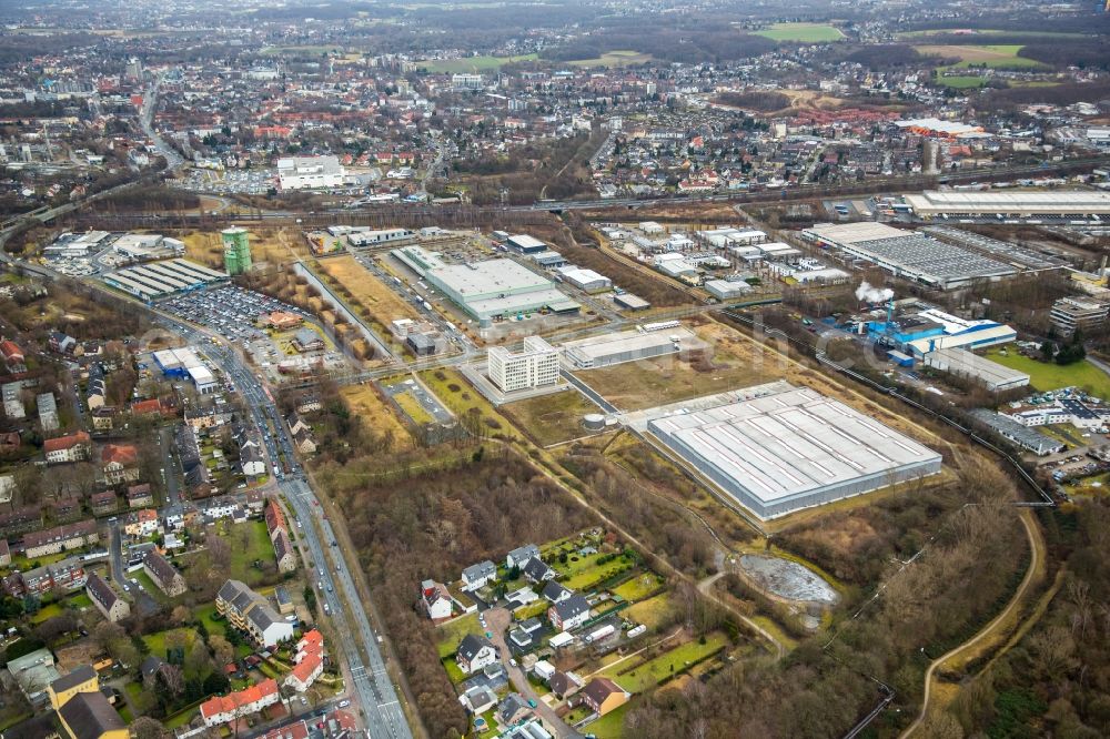 Aerial photograph Herne - Industrial estate and company settlement along the Koniner Strasse and of Lindenallee in the district Wanne-Eickel in Herne in the state North Rhine-Westphalia, Germany