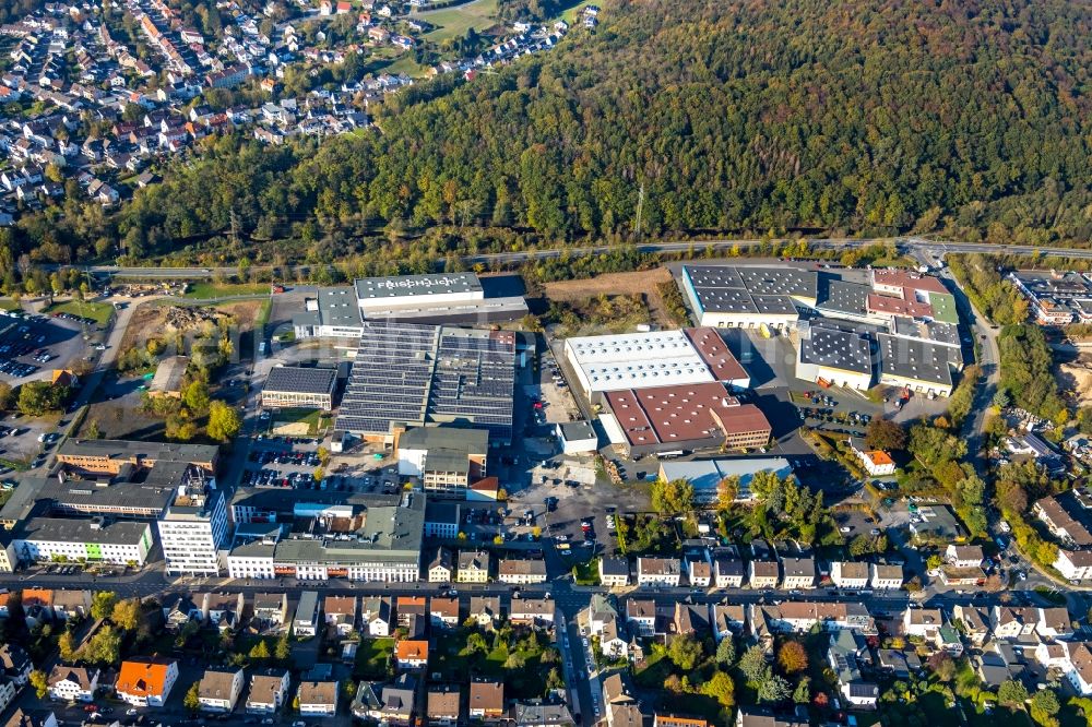 Aerial image Arnsberg - Industrial estate and company settlement along the Moehnestrasse in the district Neheim in Arnsberg in the state North Rhine-Westphalia, Germany