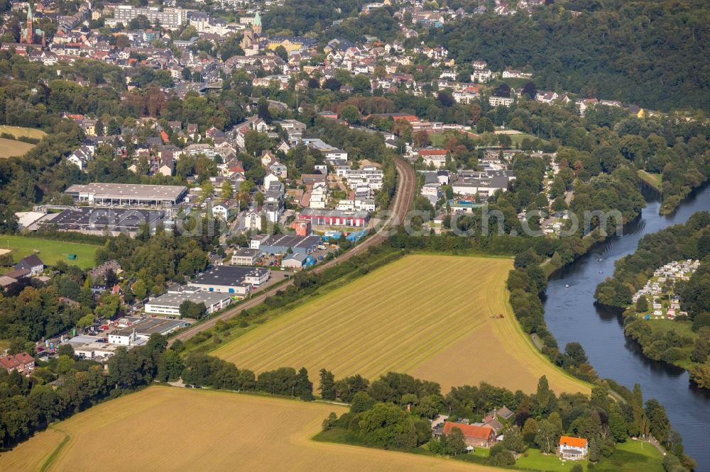 Werden from above - Industrial estate and company settlement along the Ruhrtalstrasse in Werden in the state North Rhine-Westphalia, Germany