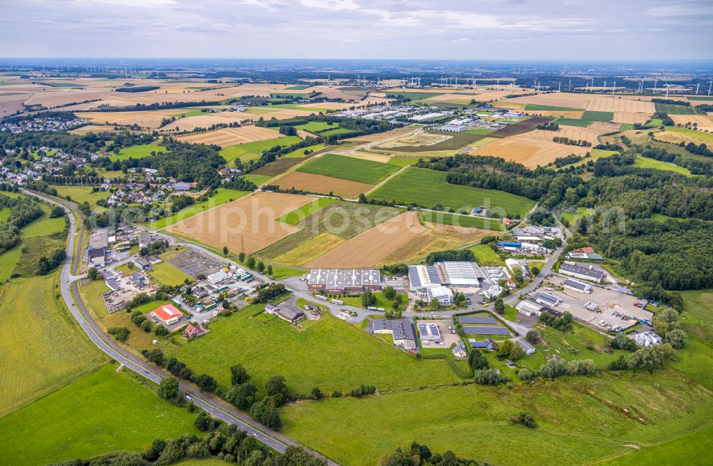 Aerial image Warstein - Industrial estate and company settlement along the street Wiebusch in Warstein in the state North Rhine-Westphalia, Germany