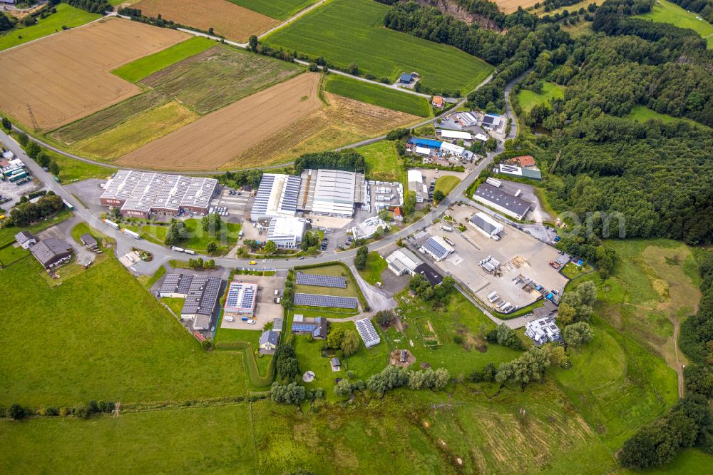 Warstein from above - Industrial estate and company settlement along the street Wiebusch in Warstein in the state North Rhine-Westphalia, Germany