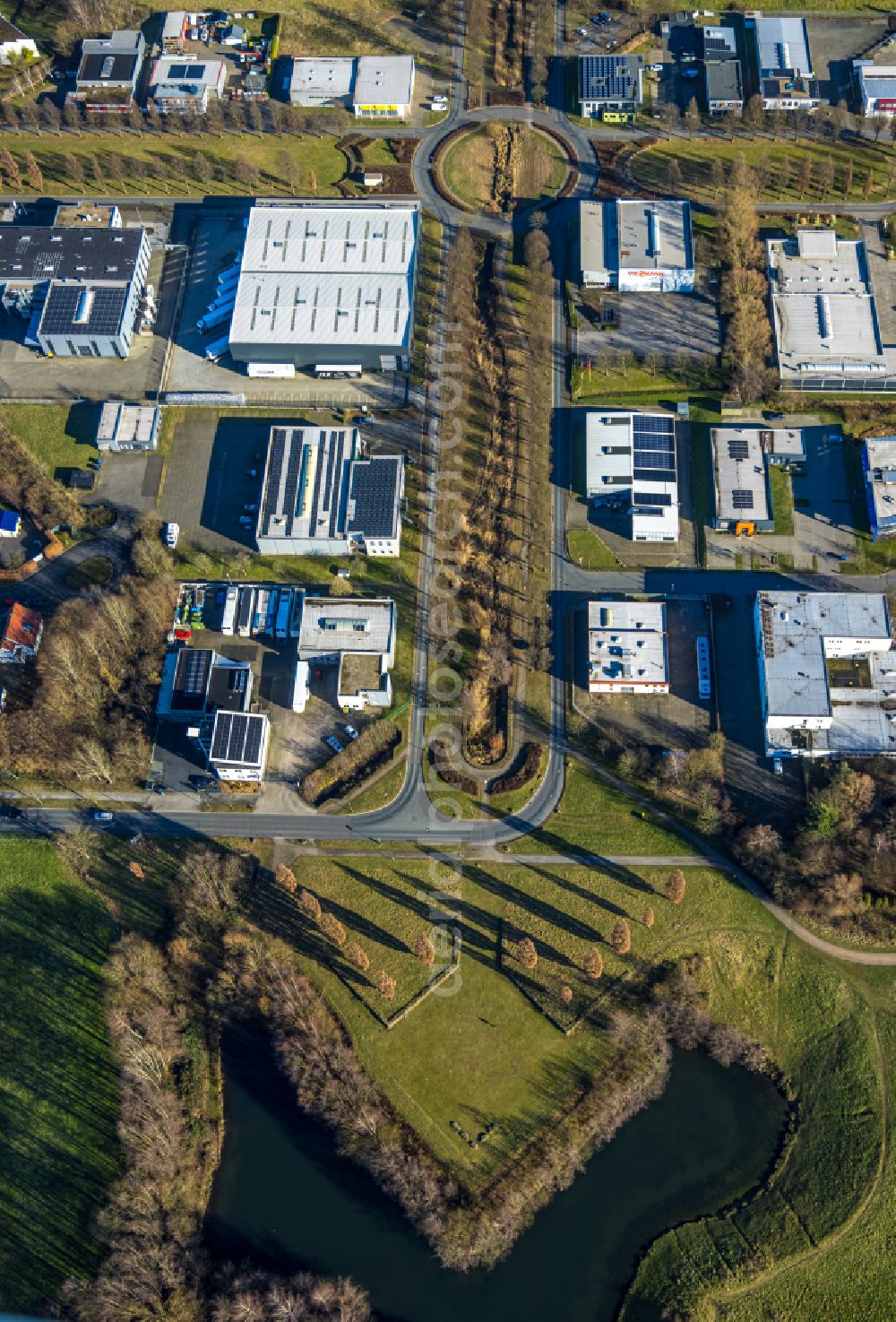 Castrop-Rauxel from the bird's eye view: Industrial estate and company settlement Erin-Park on street Erinstrasse in Castrop-Rauxel at Ruhrgebiet in the state North Rhine-Westphalia, Germany