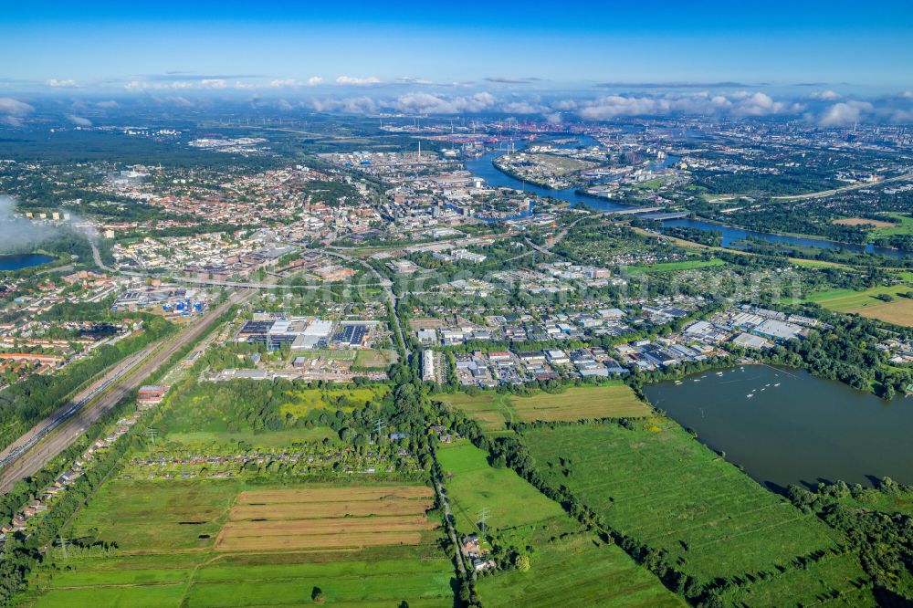 Hamburg from above - Neulaender Wettern commercial area and development area on the A1 AS Hamburg-Harburg in the Harburg district in Hamburg, Germany