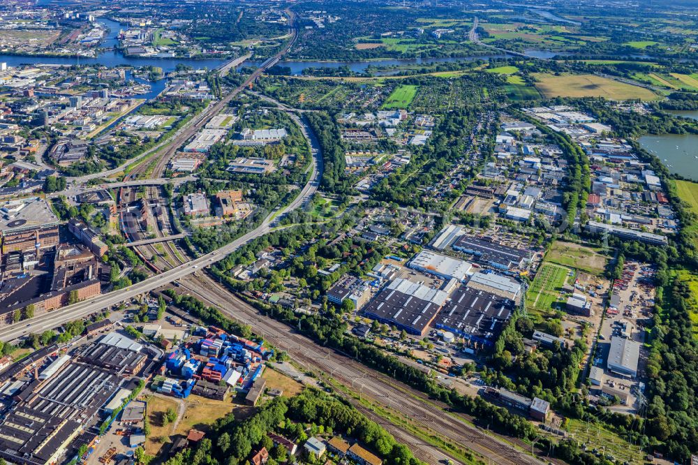 Aerial photograph Hamburg - Neulaender Wettern commercial area and development area on the A1 AS Hamburg-Harburg in the Harburg district in Hamburg, Germany