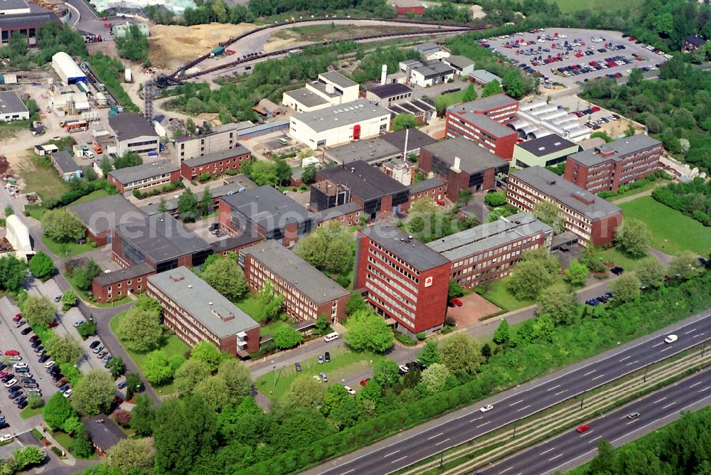 Aerial photograph Essen - Commercial area and companies settling on former Schacht Hubert in Frillendorf district in Essen in North Rhine-Westphalia