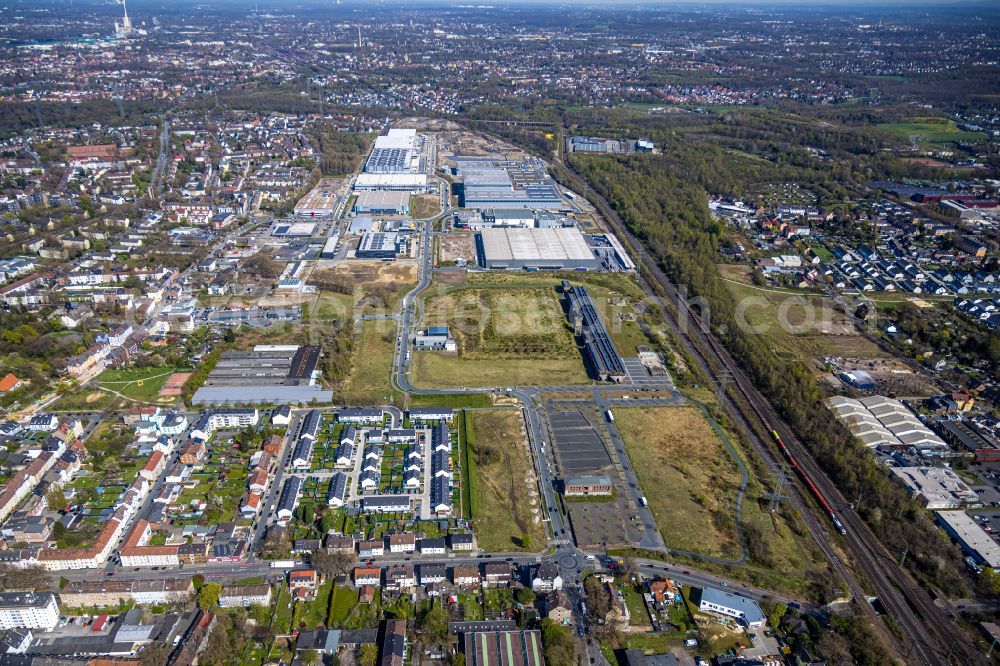 Gelsenkirchen from the bird's eye view: Industrial estate and company settlement on Europastrasse in the district Bulmke-Huellen in Gelsenkirchen at Ruhrgebiet in the state North Rhine-Westphalia, Germany