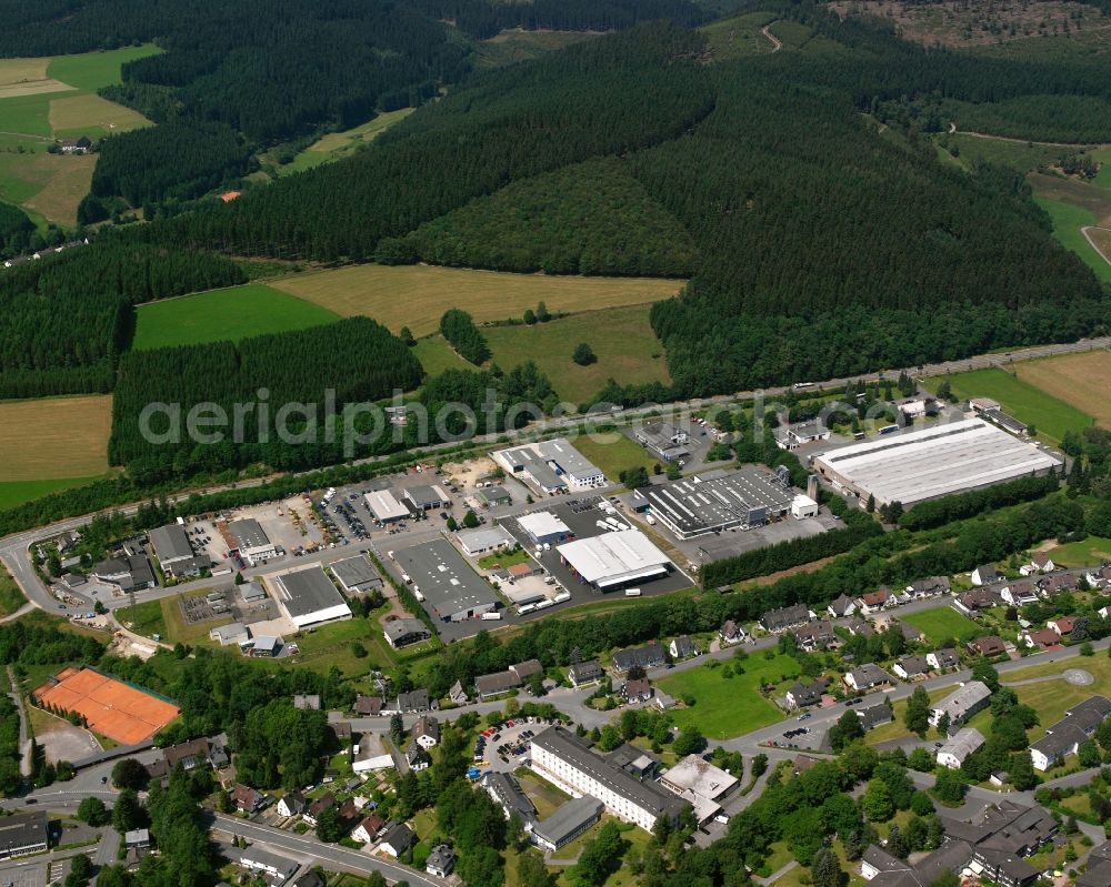 Bad Berleburg from the bird's eye view: Industrial estate and company settlement in Bad Berleburg at Siegerland in the state North Rhine-Westphalia, Germany