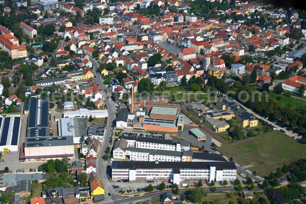 Finsterwalde from above - Industrial estate and company settlement on street Hainstrasse in Finsterwalde in the state Brandenburg, Germany