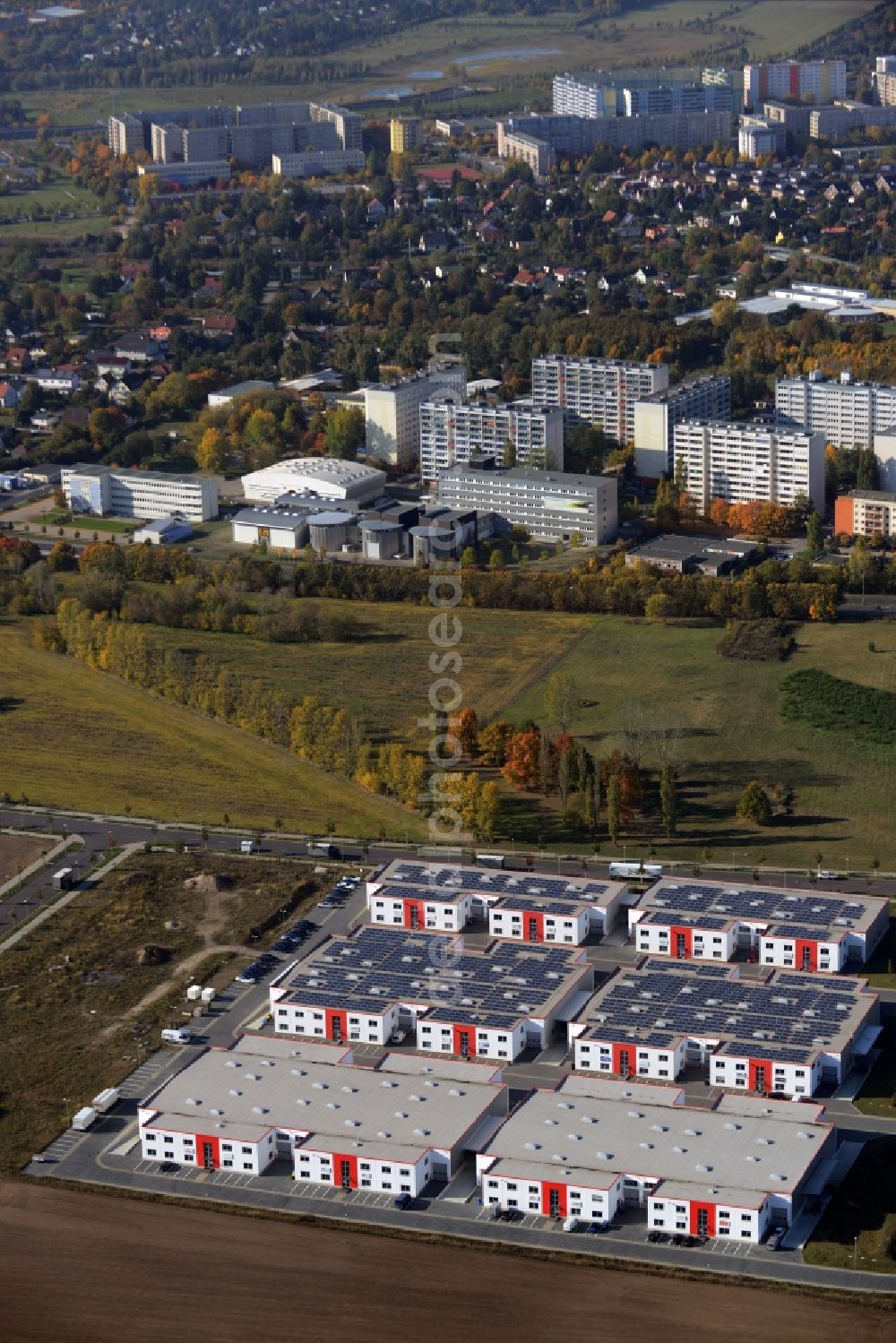 Berlin from above - Industrial estate and company settlement Business Park Berlin as part of the airport concept BER in the South of Berlin in Germany