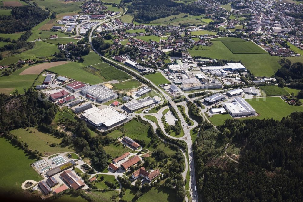 Aerial image Hutthurm - Commercial area and company settlement on the right and left of Bundesstrasse 12 in Hutthurm in the state of Bavaria, Germany